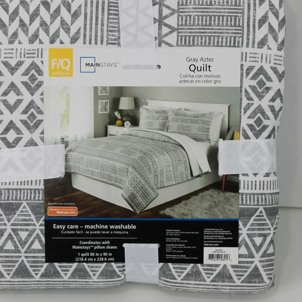 Mainstays Comforter Lightweight Gray White Southwestern Aztec Full/Queen Quilt